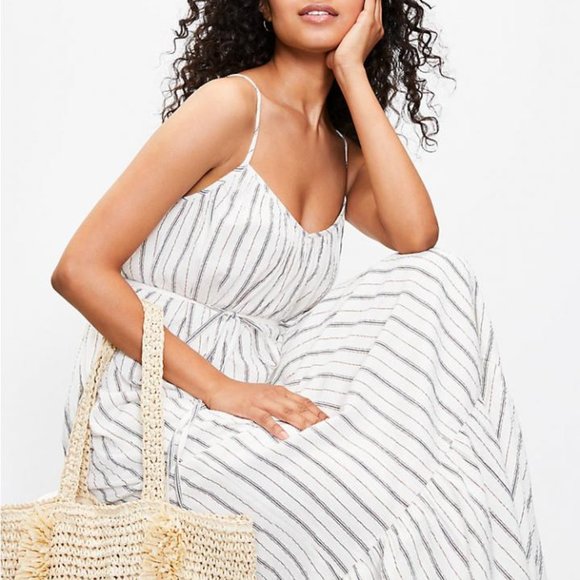 Loft Shimmer Stripe Tie Back Maxi Dress Whisper White - Picture 2 of 9